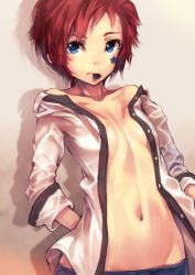 Rule 34 | 10s, 1girl, bad id, bad pixiv id, blue eyes, breasts, highres, idolmaster, idolmaster million live!, julia (idolmaster), looking at viewer, mouth hold, narumi arata, navel, no bra, open clothes, open shirt, plectrum, red hair, shirt, short hair, small breasts, solo, star (symbol)
