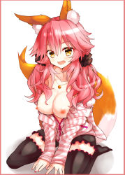 Rule 34 | 10s, 1girl, :d, animal ears, animal hood, between legs, black footwear, black thighhighs, blush, border, breasts, breasts out, brown eyes, casual, collarbone, fate/extra, fate (series), fox ears, fox tail, hair between eyes, hair ornament, hair scrunchie, hand between legs, head tilt, highres, hood, hoodie, jewelry, long hair, looking at viewer, medium breasts, nail polish, nanakusa (user rnpt7322), necklace, nipples, no shoes, official alternate costume, open clothes, open hoodie, open mouth, pink hair, pink nails, rabbit hood, scrunchie, shoes, sitting, sleeves past wrists, smile, solo, striped clothes, striped hoodie, tail, tamamo (fate), tamamo no mae (fate/extra), tamamo no mae (spring casual) (fate), thighhighs, white background, zipper