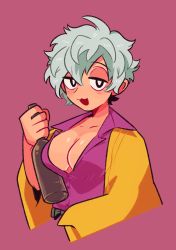 Rule 34 | 1girl, black eyes, bottle, breasts, bright pupils, cleavage, collared shirt, commentary request, cropped torso, female focus, grey hair, half-closed eyes, highres, holding, holding bottle, iccoco, medium breasts, original, partially unbuttoned, purple background, purple shirt, shirt, short hair, simple background, solo, upper body, white pupils