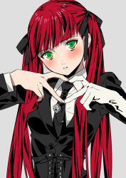 Rule 34 | 1girl, arcana famiglia, black necktie, black suit, blunt bangs, blush, breasts, collared shirt, corset, dress shirt, felicita, formal, gloves, green eyes, grey background, hair ribbon, head tilt, heart, heart hands, long hair, long sleeves, looking at viewer, medium breasts, necktie, parted lips, red hair, ribbon, sarachi yomi, shirt, simple background, single glove, solo, straight hair, suit, twintails, upper body, white gloves, white shirt