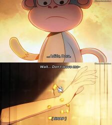Rule 34 | 1boy, 1girl, animification, artist name, backlighting, bead bracelet, beads, boots the monkey, bracelet, cioccolatodorima, comic, commentary, dora marquez, dora the explorer, english commentary, english text, frown, jewelry, monkey, reaching, subtitled, tail, toon (style)