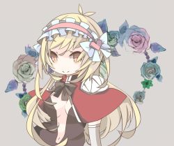 Rule 34 | 1girl, antenna hair, blonde hair, bow, bowtie, breasts, brown bow, brown bowtie, brown dress, brown eyes, cape, cleavage, closed mouth, commentary request, creator (ragnarok online), dress, flower, frilled hairband, frills, grey background, hair ornament, hairband, heart, heart hair ornament, long hair, looking at viewer, medium breasts, navel, pekeko (pepekekeko), pink hairband, plunging neckline, ragnarok online, red cape, slit pupils, smile, solo, upper body