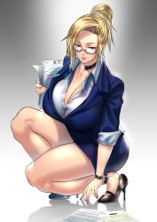 Rule 34 | 1girl, absurdres, anima (togashi), black choker, black footwear, blonde hair, blue eyes, blue jacket, blue skirt, breasts, choker, cleavage, closed mouth, commission, formal, glasses, hair bun, high heels, highres, jacket, large breasts, miniskirt, mole, mole on breast, nail polish, office lady, original, paper, paper stack, pencil skirt, pink nails, semi-rimless eyewear, sidelocks, single hair bun, skeb commission, skirt, sleeves rolled up, squatting, suit, thick thighs, thighs, updo, watch