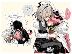 Rule 34 | 2boys, ?, armor, astolfo (fate), black bow, black pants, black ribbon, blush, bow, braid, brown hair, carrying, cloak, couple, closed eyes, fang, fate/apocrypha, fate (series), fur trim, gauntlets, hair intakes, hair ribbon, hand on another&#039;s back, hand on another&#039;s hip, hand on another&#039;s leg, haoro, head on chest, long braid, long sleeves, looking at another, male focus, multiple boys, on floor, pants, pink hair, red eyes, ribbon, shirt, sieg (fate), single braid, speech bubble, sweatdrop, thought bubble, translation request, trap, waistcoat, white shirt, yaoi
