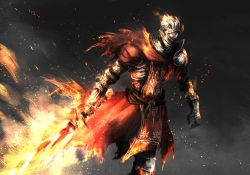 Rule 34 | 1other, ambiguous gender, armor, belt, breastplate, brown belt, burning, burning clothes, capelet, commentary request, dark souls (series), dark souls iii, embers, fire, flaming sword, flaming weapon, full armor, gauntlets, grey background, helmet, holding, holding sword, holding weapon, pauldrons, plate armor, red capelet, shimoda masaya, shoulder armor, solo, soul of cinder, sword, torn clothes, walking, weapon