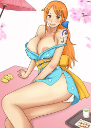 Rule 34 | 1girl, areola slip, breasts, brown eyes, cleavage, covered erect nipples, curvy, female focus, highres, huge breasts, japanese clothes, kimono, large breasts, long hair, looking at viewer, lying, momo 765, nami (one piece), on side, one piece, open mouth, orange hair, panties, see-through, short kimono, smile, solo, tattoo, underwear, white panties
