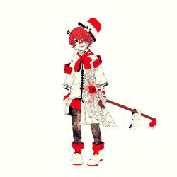 Rule 34 | 1boy, 3kuma, armband, ascot, asymmetrical clothes, bandaged arm, bandages, bandaid, bandaid on face, bandaid on nose, bear claws, bear hat, black pants, boots, cane, coat, colored skin, creature, cross scar, flag, fukase, full body, hat, holding, holding cane, light smile, looking at viewer, male focus, miniskirt, o3o, official art, pants, pleated skirt, point (vocaloid), red ascot, red eyes, red hair, red skirt, scar, scar on arm, scar on face, scar on mouth, skirt, swinging, tongue, tongue out, vocaloid, white background, white coat, white footwear, white skin