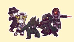 Rule 34 | 1girl, 2boys, 2others, baral (project moon), black coat, black fixer (lobotomy corporation), black headwear, black jacket, black necktie, black pants, blonde hair, braid, brown hair, closed eyes, closed mouth, coat, collared shirt, colored skin, commentary request, crossed arms, employee (project moon), feather coat, formal, halo, hat, hatake shimeji, jacket, lobotomy corporation, long hair, long sleeves, mask, multiple boys, multiple others, necktie, no nose, open clothes, open coat, outline, pale fixer (lobotomy corporation), pants, project moon, red fixer (lobotomy corporation), shirt, short hair, simple background, suit, twin braids, white fixer (lobotomy corporation), white outline, white shirt, white skin, yellow background