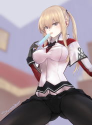 Rule 34 | 10s, 1girl, black pantyhose, blonde hair, breasts, capelet, celtic knot, cross, crotch seam, female focus, food, gloves, graf zeppelin (kancolle), grey eyes, hair between eyes, impossible clothes, jacket, kantai collection, large breasts, looking at viewer, miniskirt, necktie, pantyhose, popsicle, senasky, sidelocks, skirt, solo, tsurime, twintails