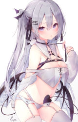 Rule 34 | 1girl, absurdres, bad id, bad pixiv id, bare shoulders, breasts, cleavage, demon tail, demon wings, detached collar, fusuma (ramunezake), garter belt, grey hair, hair ornament, hair ribbon, hairclip, highres, long hair, looking at viewer, midriff, navel, one side up, original, panties, parted lips, purple eyes, revealing clothes, ribbon, simple background, small breasts, solo, tail, thighhighs, thighs, underwear, very long hair, white background, white panties, white thighhighs, wings, x hair ornament