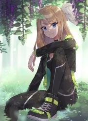 Rule 34 | &gt;:), 1girl, black footwear, black jacket, black leggings, black shirt, blue eyes, blurry, blurry foreground, breasts, brown hair, closed mouth, commentary, day, depth of field, drawstring, english commentary, eunie (xenoblade), feathered wings, flower, green jacket, head wings, highres, jacket, knee up, leggings, long sleeves, looking at viewer, medium breasts, on grass, outdoors, purple flower, runeko, shirt, shoes, sitting, smile, solo, v-shaped eyebrows, white wings, wings, wisteria, xenoblade chronicles (series), xenoblade chronicles 3