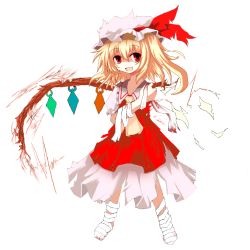 Rule 34 | 1girl, amputee, bad id, bad pixiv id, bandages, blonde hair, blood, female focus, flandre scarlet, full body, hat, lowres, mob cap, nejime, red eyes, ribbon, short hair, simple background, solo, standing, torn clothes, touhou, white background, wings