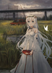 Rule 34 | 1girl, bare shoulders, black ribbon, blue eyes, blush, bottle, breasts, bridge, bug, butterfly, car, carrying, chihuri, choker, cleavage, cloud, cloudy sky, construction, crane (machine), detached sleeves, dress, flower, glass bottle, grass, hair between eyes, highres, holding, insect, long dress, long hair, looking at viewer, medium breasts, motor vehicle, open mouth, original, pond, ribbon, ribbon choker, scenery, sidelocks, sky, smile, solo, standing, table, tall grass, tree, very long hair, white dress, white hair, wide sleeves, wreath