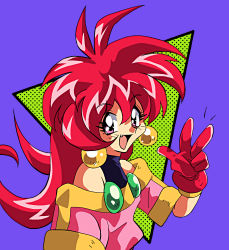 Rule 34 | 1990s (style), 1girl, araizumi rui (style), earrings, gloves, highres, jewelry, long hair, looking at viewer, off shoulder, parfait (lamune), parody, pink eyes, potiri02, purple background, red gloves, red hair, retro artstyle, solo, style parody, upper body, v, vs knight lamune &amp; 40 fire
