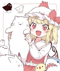 Rule 34 | 1girl, animal, bird, black bird, blonde hair, bow, cat, chick, commentary, crow, fangs, final fantasy, final fantasy xiv, flandre scarlet, great serpent of ronka, hat, hat bow, highres, holding, holding animal, holding cat, kyoufuu all back (vocaloid), looking at viewer, mob cap, one side up, oninamako, red bow, red eyes, red nails, shark, sharp teeth, short hair, slit pupils, teeth, touhou, white background, white bird, white cat