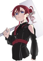 Rule 34 | 1girl, belt, black jacket, black ribbon, blue eyes, closed mouth, clothing cutout, collared jacket, commentary request, cropped torso, distortion (love live!), group name, hair bun, highres, holding, holding sign, jacket, long sleeves, looking at viewer, love live!, love live! superstar!!, medium hair, neck ribbon, raised eyebrow, red belt, red hair, repurika, ribbon, shoulder cutout, sidelocks, sign, single side bun, solo, upper body, white background, yoneme mei