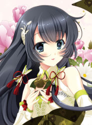 Rule 34 | 10s, 1girl, absurdres, bare shoulders, black hair, breasts, detached sleeves, dress, flower, furisode, green dress, grey eyes, hair ornament, hair ribbon, hair tubes, highres, japanese clothes, kantai collection, kayurayuka, kimono, lips, long hair, md5 mismatch, mizuho (kancolle), open mouth, resolution mismatch, ribbon, sidelocks, small breasts, smile, solo, source smaller, very long hair