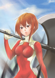 Rule 34 | 1girl, all you need is kill, axe, bodysuit, breasts, brown eyes, corpse, groin, kai (link2262), red hair, rita vrataski, short hair, solo, underwear, weapon