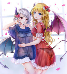 Rule 34 | 2girls, :d, armpits, ass, bad id, bad pixiv id, blonde hair, blue dress, blue eyes, blush, bra, breasts, closed mouth, collarbone, cowboy shot, demon girl, demon horns, demon tail, demon wings, dress, flower, frills, groin, hair flower, hair ornament, hands up, highres, horns, long hair, looking at viewer, looking back, medium breasts, multiple girls, nail polish, open mouth, original, panties, petals, pointy ears, red dress, red eyes, red nails, rose, see-through, short sleeves, sidelocks, silver hair, smile, tail, thighs, tokeshi, underwear, white bra, white panties, wings, yellow nails