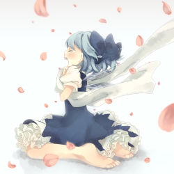 Rule 34 | 1girl, bad id, bad pixiv id, barefoot, blue hair, bow, cirno, closed eyes, crying, dress, feet, hair bow, kneeling, maki (natoriumu), perfect cherry blossom, petals, petticoat, scarf, short hair, simple background, sitting, solo, tears, touhou, wariza, wings