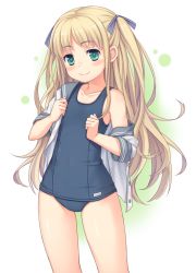 Rule 34 | 1girl, absurdres, blonde hair, blush, collarbone, flat chest, green eyes, hair ribbon, happy, highres, long hair, looking at viewer, namaru (summer dandy), one-piece swimsuit, original, ribbon, school swimsuit, school uniform, smile, solo, swimsuit, twintails, undressing, wide hips
