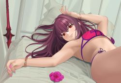 Rule 34 | 1girl, absurdres, bare shoulders, bikini, bracelet, breasts, fate/grand order, fate (series), gae bolg (fate), hair between eyes, highres, jewelry, long hair, looking at viewer, lying, medium breasts, on back, polearm, purple bikini, purple hair, quatthro, red eyes, scathach (fate), scathach (fate/grand order), scathach (swimsuit assassin) (fate), smile, solo, spear, swimsuit, weapon