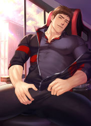 Rule 34 | 1boy, absurdres, arkapami, bara, black jacket, black pants, black shirt, brown eyes, brown hair, chair, han wenqing, highres, indoors, jacket, large pectorals, looking at viewer, male focus, muscular, muscular male, on chair, pants, partially unzipped, pectorals, quan zhi gao shou, shirt, short hair, sideburns, sitting, smile, solo, sunset, window