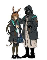 Rule 34 | 1girl, 1other, ambiguous gender, amiya (arknights), animal ears, ankle strap, arknights, ascot, black footwear, black gloves, black jacket, black pantyhose, blouse, blue skirt, blush, brown hair, closed eyes, coat, commentary, doctor (arknights), flying sweatdrops, full body, gloves, hand in pocket, hand on another&#039;s head, headpat, hood, hood down, hood up, infection monitor (arknights), jacket, jewelry, long hair, mask, material growth, multiple rings, nano (veek), open clothes, open jacket, open mouth, oripathy lesion (arknights), pantyhose, plaid, plaid skirt, ponytail, rabbit ears, ring, shirt, shoes, simple background, skirt, standing, very long hair, white background, white coat, white shirt