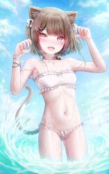 Rule 34 | 1girl, :d, animal ears, bell, bikini, blush, breasts, brown hair, cat ears, cat girl, cat tail, choker, cohaku hina, double strap slip, fangs, fish, highres, indie virtual youtuber, navel, neck bell, open mouth, pink eyes, seeledayo, short hair, small breasts, smile, stomach, strap slip, swimsuit, tail, virtual youtuber, wading, water, white bikini