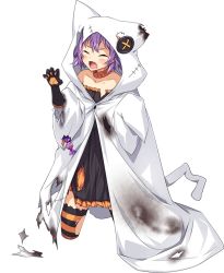 Rule 34 | 1girl, cloak, collarbone, full body, halloween, halloween costume, hood, hooded cloak, kantai collection, kneeling, long sleeves, off shoulder, official alternate costume, official art, purple hair, red eyes, short hair, solo, striped clothes, striped thighhighs, tama (kancolle), thighhighs, transparent background, ugume, white cloak