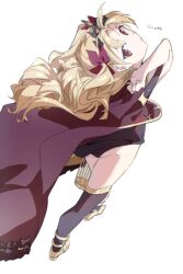 Rule 34 | 1girl, ass, black leotard, black thighhighs, blonde hair, cage, cape, closed mouth, commentary, ereshkigal (fate), fate/grand order, fate (series), floating hair, from behind, hair ribbon, highres, holding, holding cage, leotard, long hair, looking at viewer, looking back, parted bangs, red cape, red eyes, red ribbon, ribbon, simple background, solo, soshin (siriusalpc), thighhighs, tiara, twitter username, two side up, white background