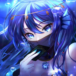 Rule 34 | 1girl, blue eyes, blue hair, blue nails, bubble, card, covered mouth, fins, head fins, head tilt, highres, holding, holding card, kabosu (anna neji), looking at viewer, mermaid, monster girl, mouth veil, nail polish, original, portrait, seashell, shell, solo, underwater, veil