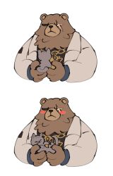 1boy animal bear_boy ben_bigger blush body_fur brown_fur brown_jacket cat closed_mouth commentary furry furry_male holding holding_animal jacket male_focus ranta000 scar scar_across_eye simple_background symbol-only_commentary upper_body white_background zenless_zone_zero