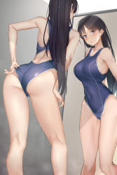 Rule 34 | 1girl, adjusting clothes, adjusting swimsuit, ass, back, bare arms, bare legs, bare shoulders, black hair, blue eyes, blue one-piece swimsuit, blush, breasts, clothes pull, commentary request, commission, competition swimsuit, full-length mirror, highres, kneepits, large breasts, long hair, looking at viewer, mirror, multiple views, one-piece swimsuit, one-piece swimsuit pull, original, pallad, skeb commission, standing, swimsuit, thighs, wet