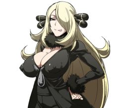 Rule 34 | 10s, 1girl, bad id, bad pixiv id, black coat, blonde hair, breasts, cleavage, coat, covered erect nipples, cowboy shot, creatures (company), cynthia (pokemon), eyelashes, female focus, game freak, hair ornament, hair over one eye, half-closed eyes, hand on own hip, huge breasts, jaga note, licking lips, long hair, long sleeves, naughty face, nintendo, no bra, pokemon, pokemon bw, puffy nipples, skin tight, solo, tongue, tongue out, very long hair