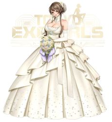 Rule 34 | 1girl, bad id, bad twitter id, bare shoulders, blush, bouquet, breasts, bridal veil, bride, brown hair, cleavage, detached collar, dress, elbow gloves, flower, full body, gem, gloves, hair flower, hair ornament, highres, holding, jewelry, large breasts, logo, long hair, looking at viewer, masami chie, open mouth, original, purple eyes, simple background, smile, solo, standing, tokyo exe girls, veil, wedding dress, white background, white dress, white gloves