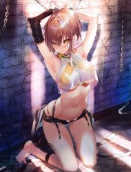 Rule 34 | 1girl, armpits, bare legs, barefoot, bikini, bikini top only, bound, bound wrists, breasts, brick wall, brown hair, chain, commentary request, commission, cuffs, detached sleeves, eyelashes, full body, handcuffs, kneeling, kumatora tatsumi, medium breasts, medium hair, navel, original, see-through, short shorts, shorts, sidelocks, single detached sleeve, skeb commission, skindentation, solo, sunlight, swimsuit, toes, torn clothes, underboob