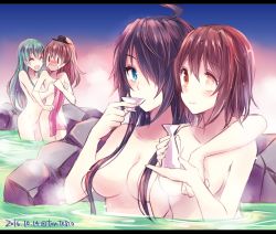 Rule 34 | 10s, 2016, 4girls, :d, ^ ^, alcohol, aqua hair, arm around shoulder, bad id, bad nicoseiga id, black hair, blue eyes, blush, bottle, breasts, brown eyes, brown hair, censored nipples, choko (cup), closed eyes, convenient censoring, covering privates, cup, dated, drink, furutaka (kancolle), grabbing, grabbing another&#039;s breast, hair over one eye, hair over shoulder, heterochromia, kabocha torute, kako (kancolle), kantai collection, kumano (kancolle), light smile, long hair, looking at another, medium breasts, multiple girls, naked towel, nude cover, onsen, open mouth, partially submerged, ponytail, sakazuki, sake, sake bottle, sidelocks, sitting, smile, standing, standing on liquid, steam, steam censor, suzuya (kancolle), tokkuri, towel, twitter username, water, wavy mouth, yellow eyes, yuri