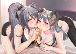 Rule 34 | 1boy, 2girls, :p, animal ear fluff, animal ears, arknights, artist name, bare arms, bare shoulders, bike shorts, black bra, black pants, black shorts, blush, bra, breasts, cat ears, chungmechanic, cleavage, collarbone, commentary request, earrings, food, hair between eyes, hand on another&#039;s head, holding, holding food, horns, ice cream, jewelry, kneeling, large breasts, leggings, licking, licking another&#039;s cheek, licking another&#039;s face, looking at viewer, multiple girls, orange eyes, pants, pov, saria (arknights), schwarz (arknights), short shorts, shorts, silver hair, stud earrings, thighs, tongue, tongue out, twitter username, underwear, white bra, yellow eyes