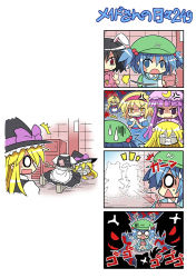 Rule 34 | 4koma, 5girls, alice margatroid, anger vein, apron, black dress, black hair, blonde hair, blue dress, blue eyes, blue hair, bow, chibi, clenched teeth, colonel aki, comic, controller, crescent, dotted line, dress, fading, female focus, hair bobbles, hair bow, hair ornament, hairband, hat, inaba tewi, kawashiro nitori, kirisame marisa, moriya suwako, multiple girls, o o, open mouth, patchouli knowledge, pink dress, purple eyes, purple hair, red hair, remote control, robot, severed head, shanghai doll, shirt, sitting, skirt, skirt set, ^^^, surprised, sweatdrop, tears, teeth, touhou, translated, trembling, twintails, two side up, vanishing, witch, witch hat, yellow eyes, you gonna get raped
