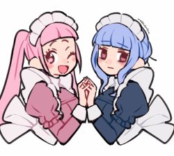 Rule 34 | 2girls, alternate costume, artist name, blue hair, blunt bangs, blush, brown eyes, closed mouth, do m kaeru, enmaided, female focus, fire emblem, fire emblem: three houses, from side, hilda valentine goneril, holding hands, long sleeves, looking to the side, maid, maid headdress, marianne von edmund, matching hair/eyes, multiple girls, nintendo, one eye closed, open mouth, pink eyes, pink hair, simple background, smile, twintails, white background, wink
