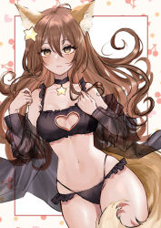 Rule 34 | 1girl, animal ear fluff, animal ears, bare shoulders, black bra, black panties, borrowed character, bra, breasts, brown hair, cleavage cutout, clothing cutout, cowboy shot, expulse, fox ears, fox girl, fox tail, heart cutout, highres, lingerie, long hair, looking at viewer, medium breasts, multi-strapped panties, navel, off shoulder, open clothes, open shirt, original, panties, see-through, see-through, solo, star (symbol), stomach, tail, thighs, underwear, underwear only, yellow eyes