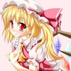 Rule 34 | 1girl, ascot, bad id, bad pixiv id, blonde hair, bow, female focus, flandre scarlet, hat, hat bow, highres, kmkm9696, red eyes, short hair, side ponytail, solo, embodiment of scarlet devil, touhou, upper body, wings