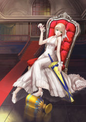 Rule 34 | 1girl, ahoge, alcohol, alternate costume, artoria pendragon (all), artoria pendragon (fate), avalon (fate/stay night), blonde hair, chalice, cup, dress, drinking glass, excalibur (fate/stay night), fate/stay night, fate (series), formal, chalice, green eyes, high heels, highres, hq19910119, realistic, saber (fate), sheath, sheathed, shoes, sword, weapon, white dress, wine, wine glass