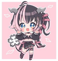 Rule 34 | 1girl, ahoge, belt, belt collar, black belt, black footwear, black hair, black jacket, black skirt, bloomers, blue eyes, blush, bra, chibi, claw pose, collar, commentary, cropped jacket, demon girl, demon horns, demon tail, earrings, fangs, flat chest, flower, full body, grey horns, hair flower, hair ornament, hair ribbon, highres, horns, jacket, jewelry, kino haruc, long hair, long sleeves, looking at viewer, midriff, multicolored hair, nanashi inc., o-ring, o-ring thigh strap, off shoulder, oinomori may, oinomori may (1st costume), one side up, open mouth, outline, pink background, pink bloomers, pink bra, pink hair, pink ribbon, pink socks, pleated skirt, pointy ears, ribbon, shoes, single earring, skirt, smile, socks, solo, tail, thigh strap, two-tone background, two-tone hair, underwear, v-shaped eyebrows, virtual youtuber, white background, white outline