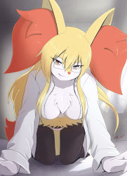 Rule 34 | 1girl, absurdres, all fours, animal ear fluff, animal ears, animal nose, artist name, black fur, blonde hair, body fur, braixen, buttons, collarbone, collared shirt, commission, creatures (company), curtains, dated, eryz, female focus, fox ears, fox girl, fox tail, furry, furry female, game freak, gen 6 pokemon, glasses, grin, happy, head tilt, highres, indoors, jpeg artifacts, long hair, long sleeves, looking at viewer, navel, nintendo, on bed, open clothes, open shirt, panties, personification, pince-nez, pink panties, pokemon, pokemon (creature), red eyes, rimless eyewear, sharp teeth, shirt, sidelocks, sideways mouth, signature, smile, solo, tail, teeth, underwear, white fur, white shirt, yellow fur