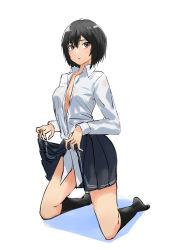 Rule 34 | 1girl, :o, amagami, black footwear, black hair, black skirt, black socks, blouse, breasts, brown eyes, cleavage cutout, clothes lift, clothing cutout, commentary, dress shirt, full body, hair between eyes, highres, kibito high school uniform, kneeling, lifted by self, long sleeves, looking at viewer, looking to the side, nanasaki ai, no bra, open clothes, parted lips, pleated skirt, school uniform, shadow, shirt, short hair, simple background, skirt, skirt lift, small breasts, socks, solo, unbuttoned, unbuttoned shirt, uniform, white background, white shirt, yoo tenchi