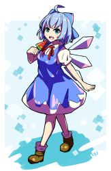 Rule 34 | 1girl, absurdres, ahoge, aqua eyes, blue background, blue bow, blue dress, blue hair, bow, brown footwear, cirno, cirno day, dress, food, fruit, full body, hair bow, highres, holding, holding food, ice, ice wings, looking at viewer, open mouth, pinafore dress, popsicle, puffy short sleeves, puffy sleeves, red neckwear, shirt, short hair, short sleeves, sleeveless dress, solo, standing, touhou, watermelon, white shirt, wings, woruta (soloistlist)
