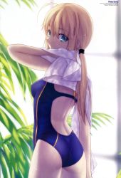 Rule 34 | 1girl, absurdres, ahoge, artoria pendragon (all), artoria pendragon (fate), ass, back, blonde hair, competition swimsuit, fate/stay night, fate/zero, fate (series), female focus, from behind, green eyes, highres, light smile, long hair, looking back, newtype, official alternate costume, official art, one-piece swimsuit, ponytail, saber (fate), saber (summer battle clothes) (fate), scan, solo, swimsuit, takeuchi takashi, towel, wet