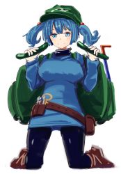 Rule 34 | 1girl, backpack, bag, belt, blue eyes, blue hair, boots, breasts, cucumber, green hat, hair bobbles, hair ornament, hat, impossible clothes, impossible shirt, kawashiro nitori, key, large breasts, long sleeves, looking at viewer, matching hair/eyes, pantyhose, rubber boots, sexually suggestive, shirt, short hair, smile, solo, torso (hjk098), touhou, two side up